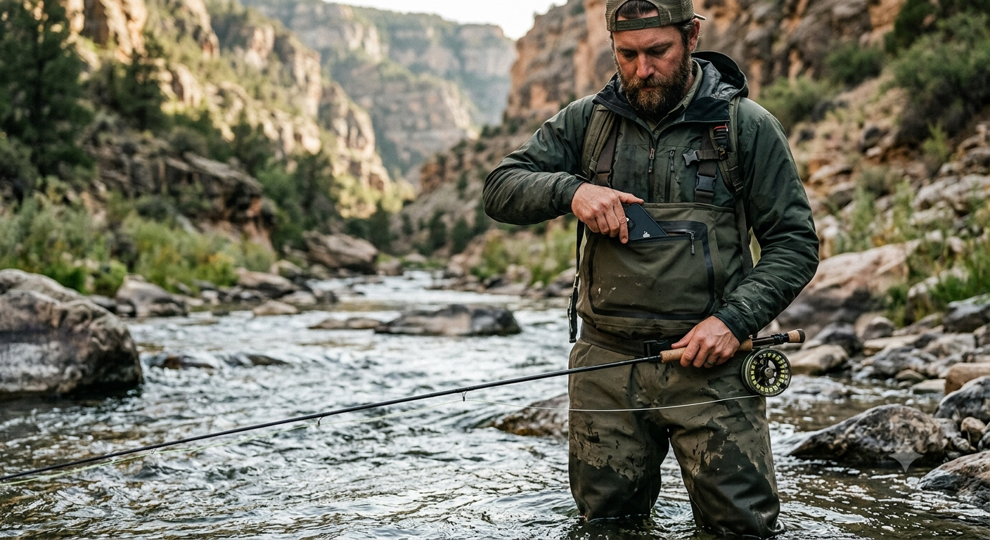 An angler putting their phone away, river in soft focus